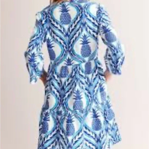 Boden dress NWT 4 Sophia Linen Short Dress Blue Pineapple Print online $235 - Picture 8 of 10